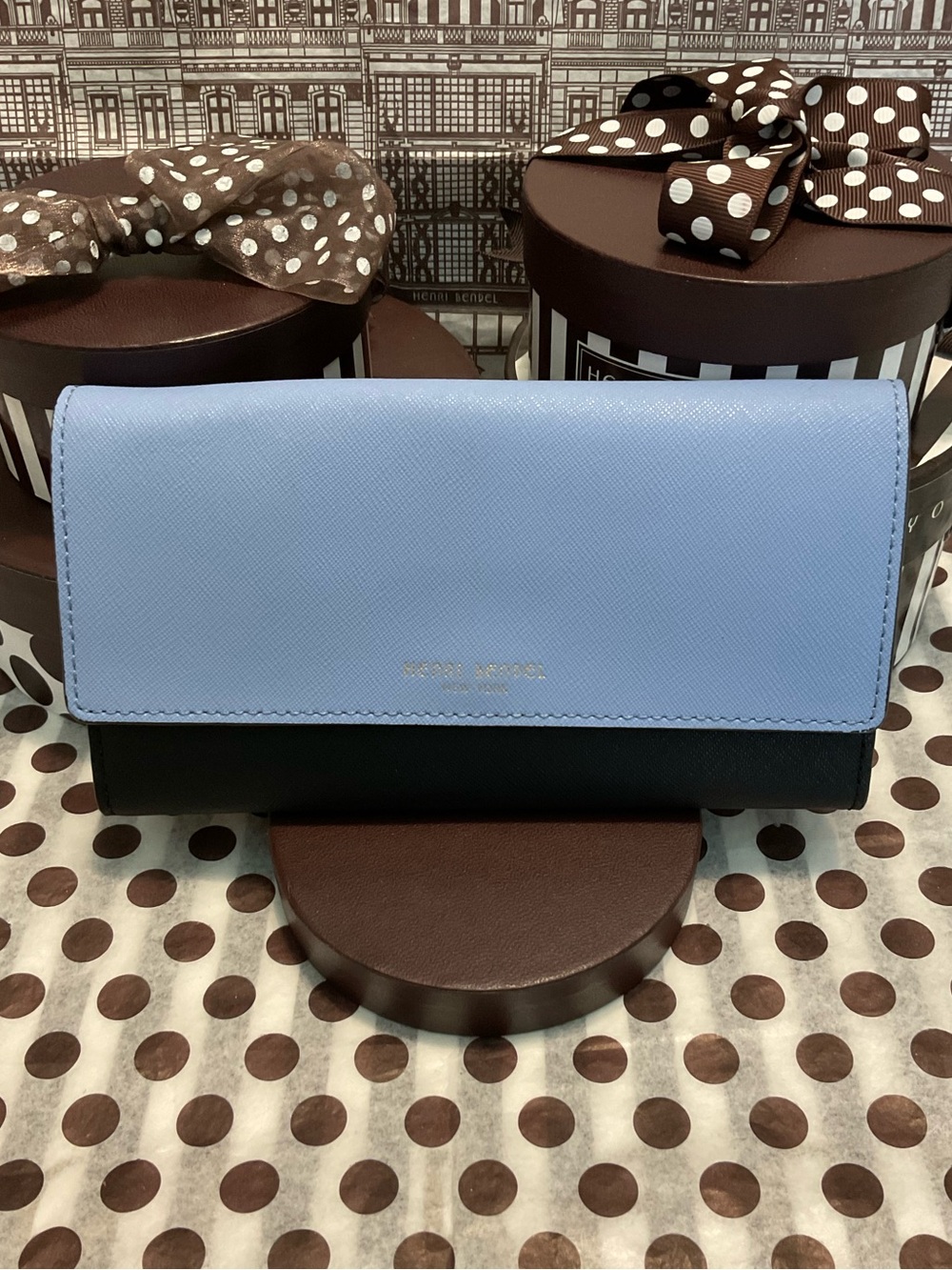 Henri Bendel West 57th Trifold Wallet Light Blue, Black and Olive w Dust Bag